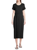 Short-Sleeve Slubbed Cotton Midi-Dress