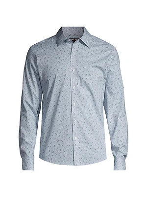 Pinstriped Chambray Floral Button-Front Shirt