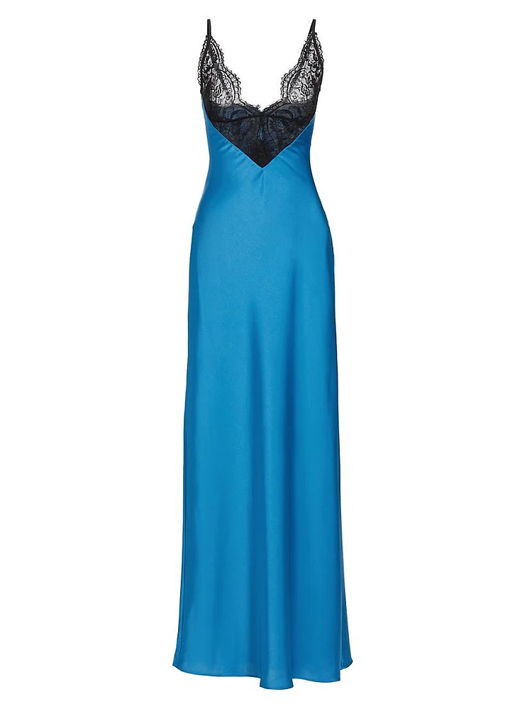 Malo Colorblocked Lace-Trimmed Satin Maxi Dress