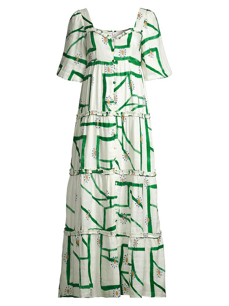 Harlow Geometric-Print Tiered Maxi Dress