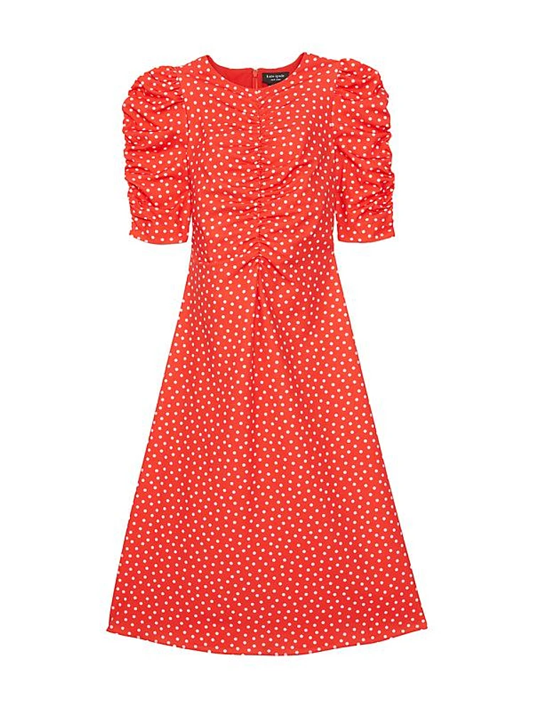 Ruched Dot Stretch Crepe Midi-Dress