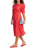 Ruched Dot Stretch Crepe Midi-Dress