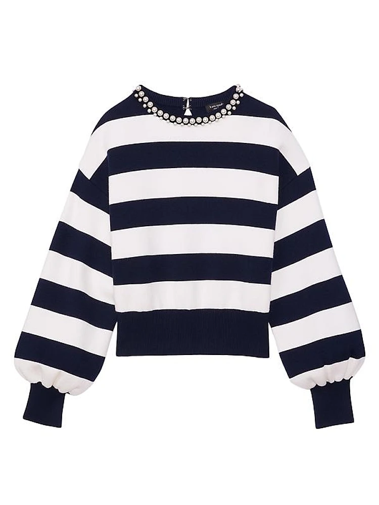 Awning Stripe Imitation-Pearl-Embellished Sweater