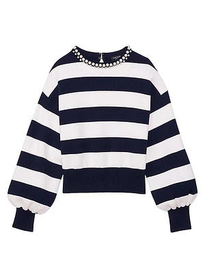 Awning Stripe Imitation-Pearl-Embellished Sweater