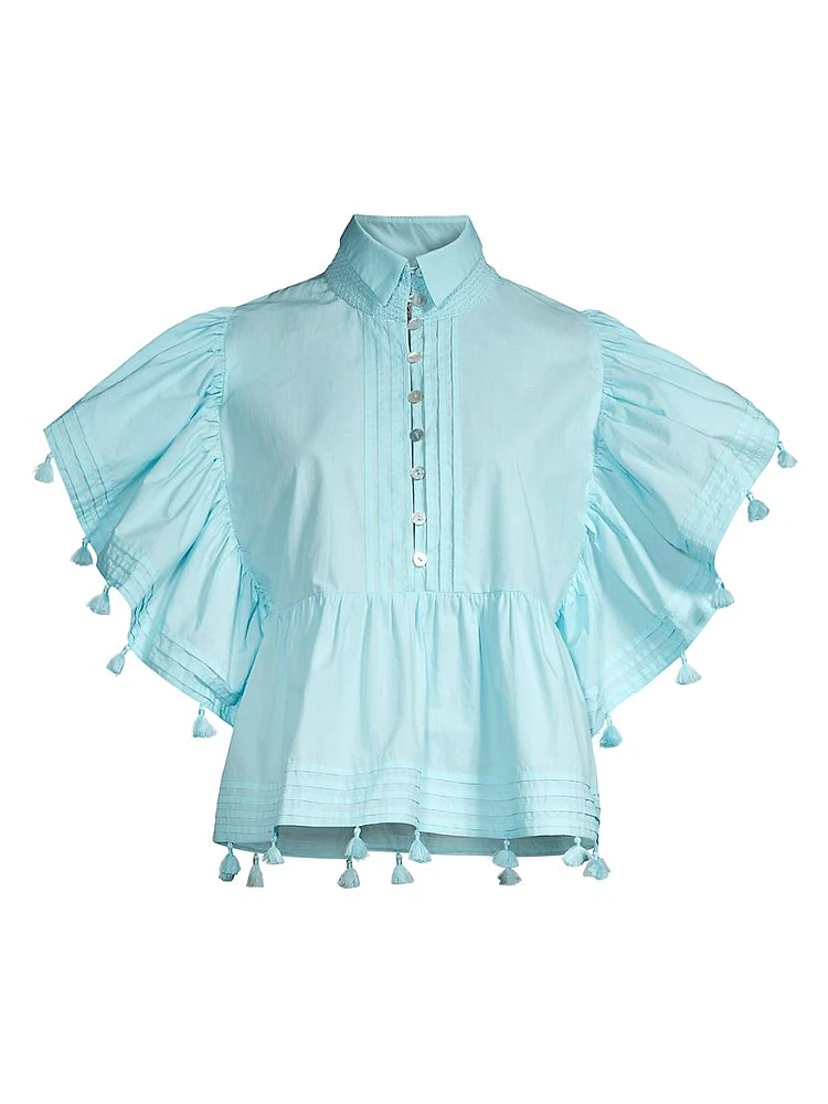 Pom-Pom Cotton Pleated Blouse