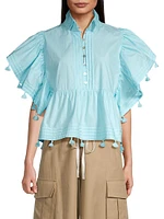 Pom-Pom Cotton Pleated Blouse