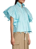 Pom-Pom Cotton Pleated Blouse