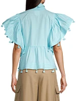 Pom-Pom Cotton Pleated Blouse