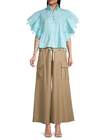 Pom-Pom Cotton Pleated Blouse