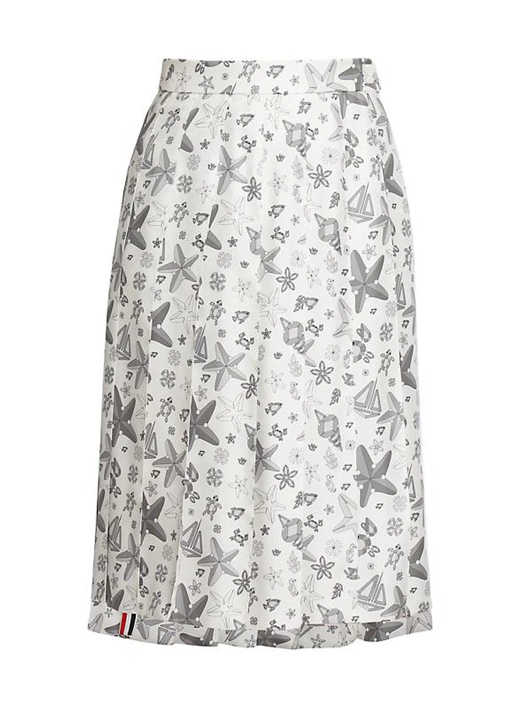 Sea Print Silk Twill Midi-Skirt