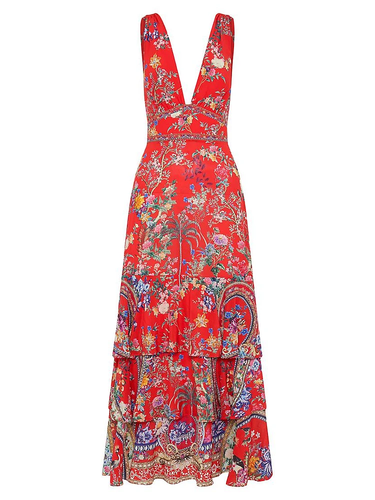 Tiered Floral Silk Maxi Dress