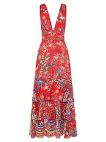 Tiered Floral Silk Maxi Dress