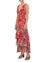 Tiered Floral Silk Maxi Dress