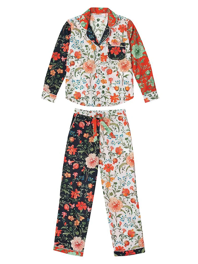 2-Piece Colorblocked Floral Cotton Pajama Set