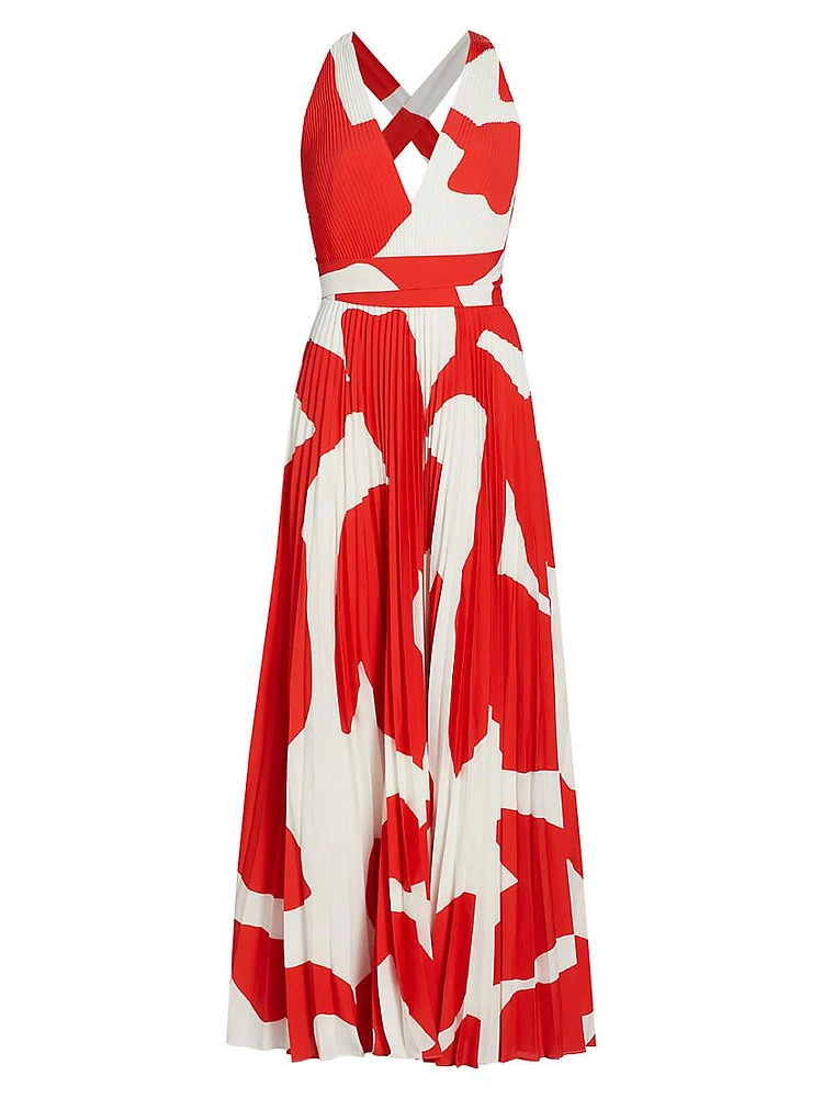 Oria Grand Foliage Pleated Maxi-Dress