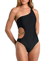 Black Solids Ava Asymmetric Chain One-Piece Swimsuit