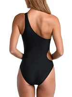 Black Solids Ava Asymmetric Chain One-Piece Swimsuit