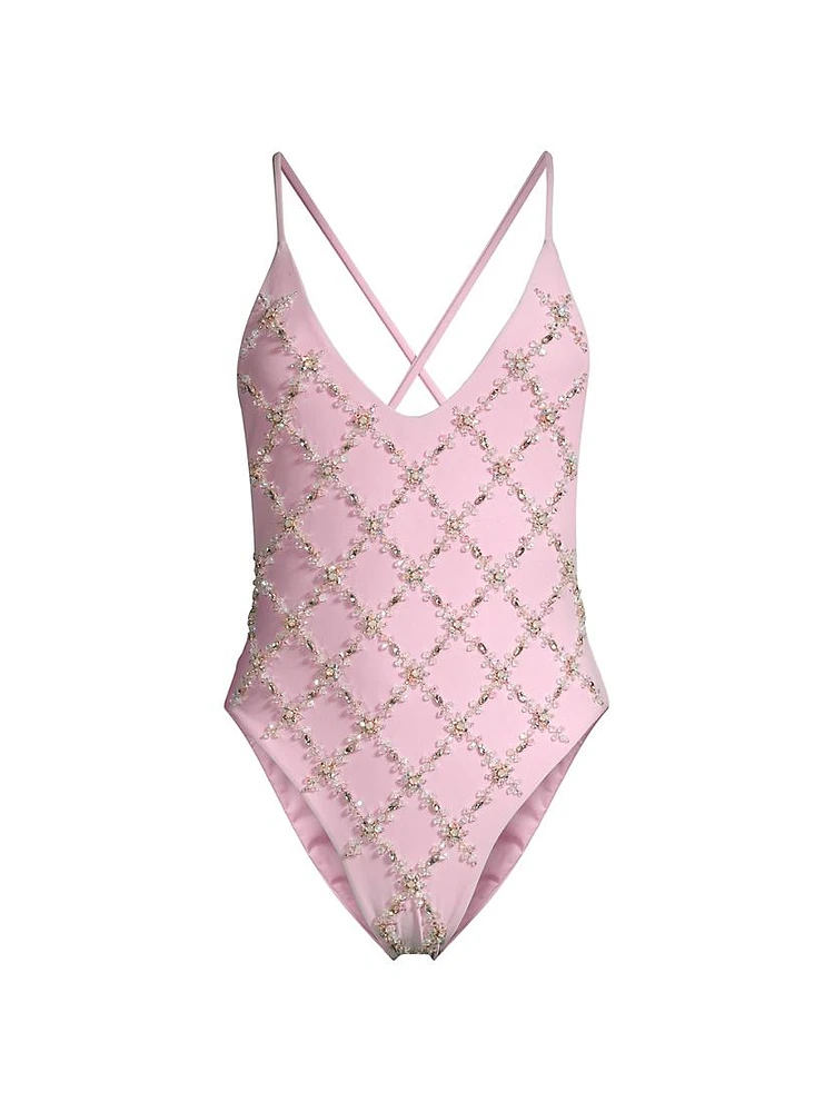 Rose Hand Embroidered One-Piece Swimsuit