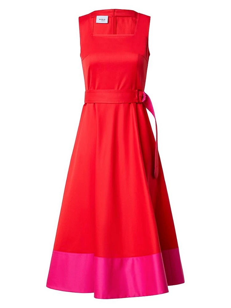 Belted Colorblocked Cotton Poplin Midi-Dress