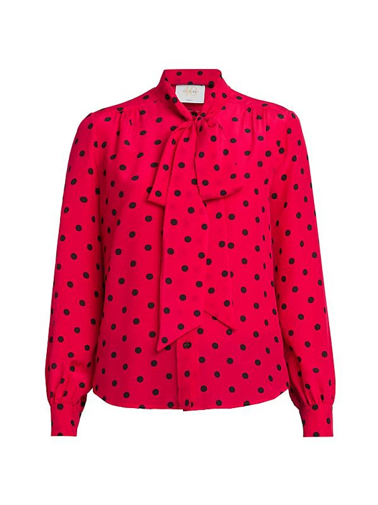 Silk Polka-Dot Tie-Neck Blouse