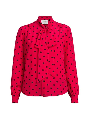 Silk Polka-Dot Tie-Neck Blouse