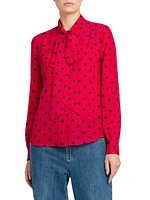 Silk Polka-Dot Tie-Neck Blouse