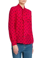 Silk Polka-Dot Tie-Neck Blouse