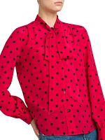 Silk Polka-Dot Tie-Neck Blouse