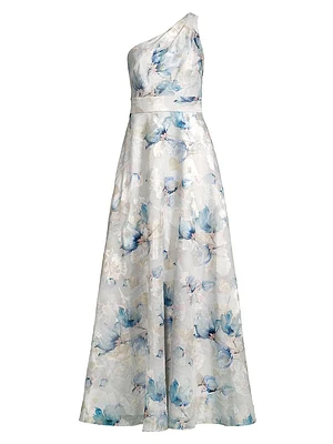 Floral Jacquard One-Shoulder Gown