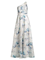 Floral Jacquard One-Shoulder Gown