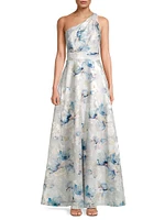 Floral Jacquard One-Shoulder Gown