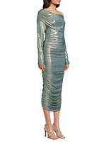 Metallic Ruched Midi-Dress