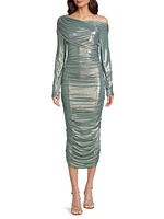 Metallic Ruched Midi-Dress