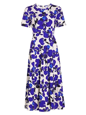 Thea Short-Sleeve Orchid-Print Midi-Dress