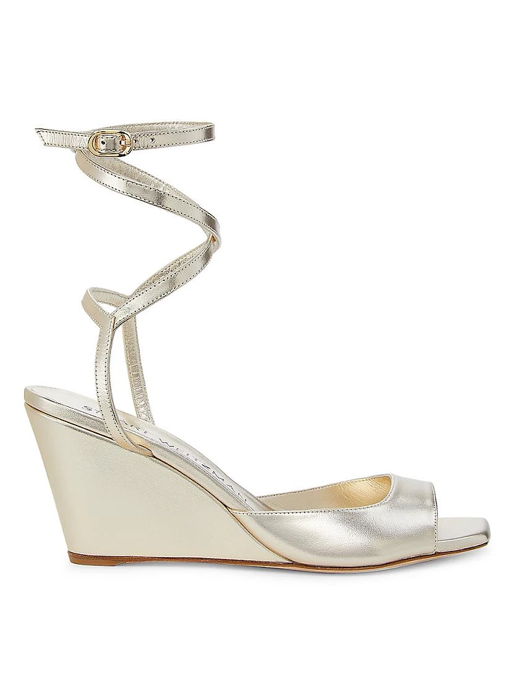 Tia 85MM Metallic Leather Ankle-Wrap Wedge Sandals