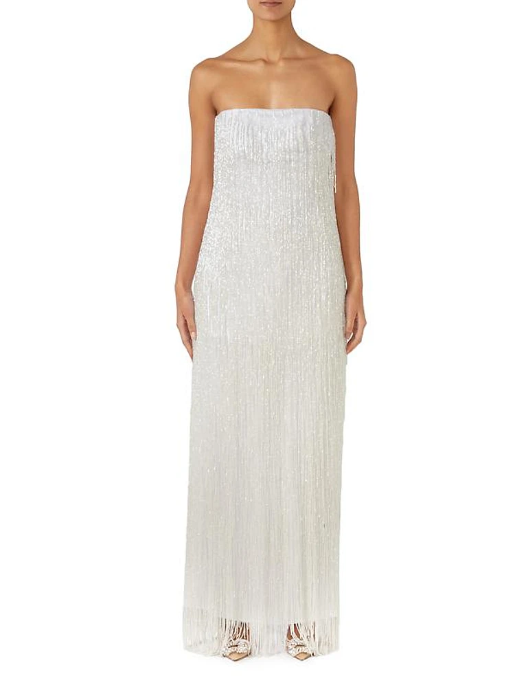 Sarakiniko Magia Fringed Strapless Maxi Dress