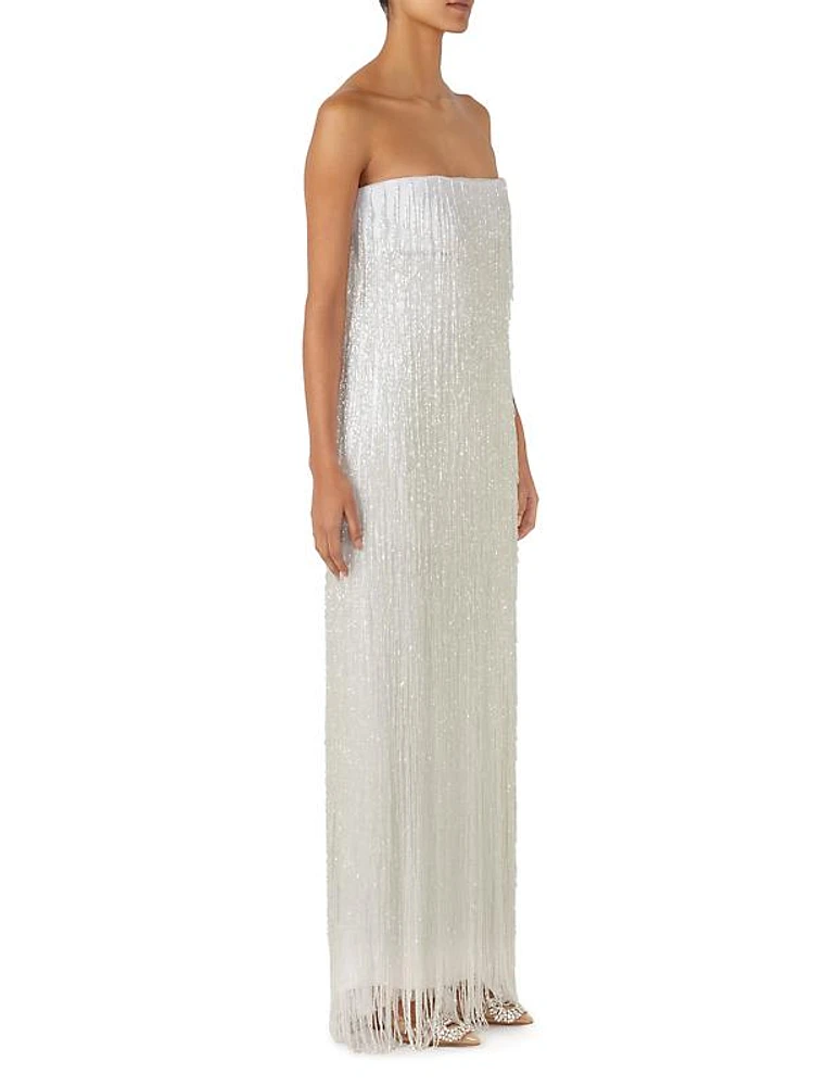 Sarakiniko Magia Fringed Strapless Maxi Dress