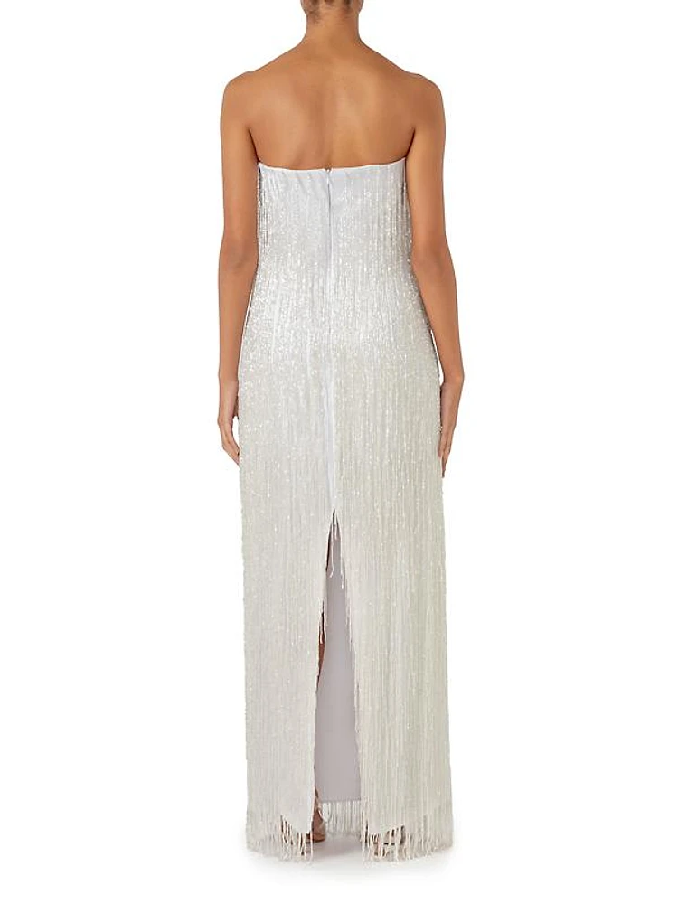 Sarakiniko Magia Fringed Strapless Maxi Dress