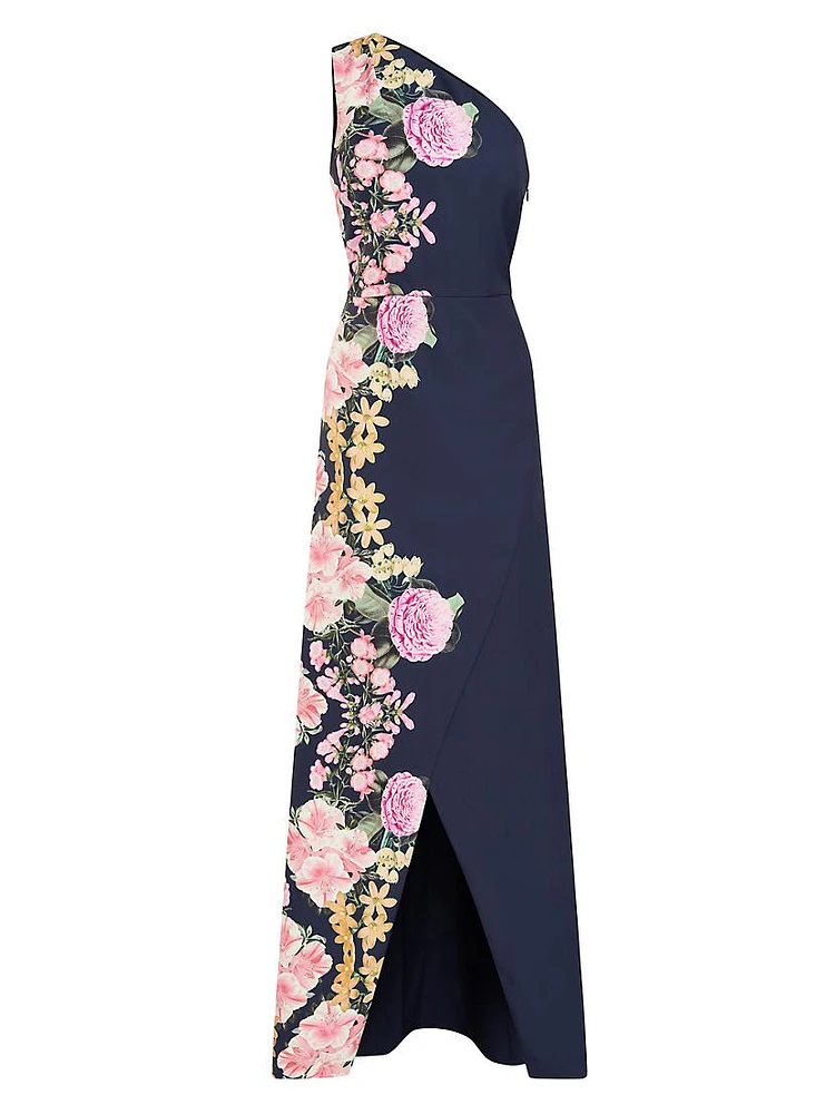 Carissa Floral Crepe One-Shoulder Gown