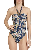 Floral Chain Halter One-Piece Swimsuit