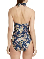 Floral Chain Halter One-Piece Swimsuit