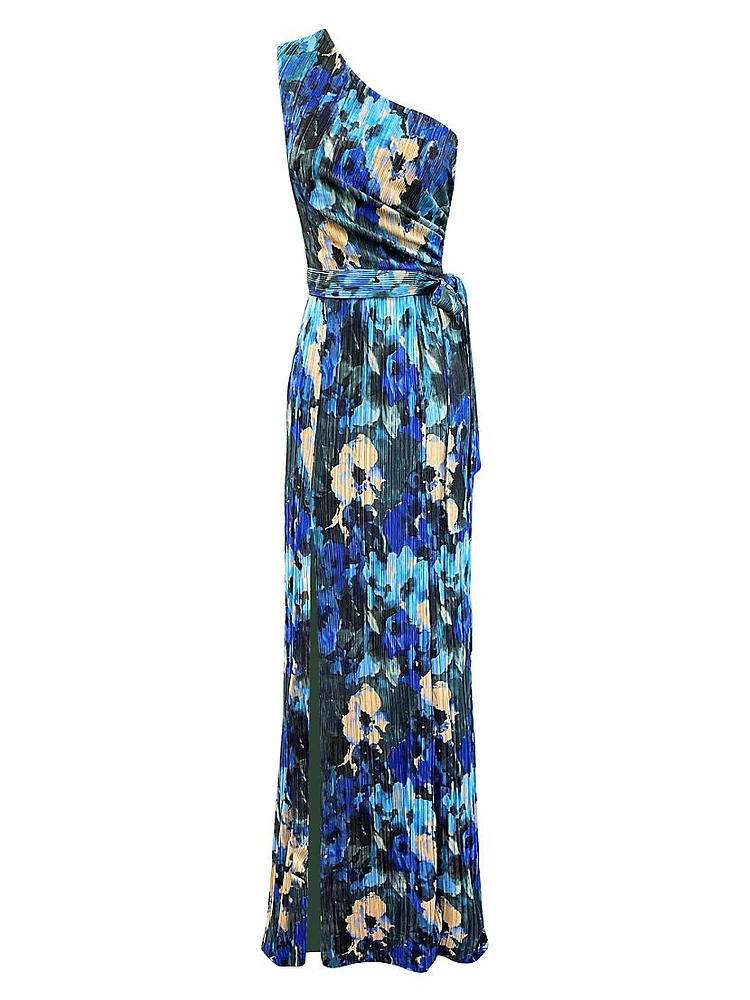 Bella Floral Plissé One-Shoulder Maxi Dress