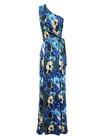 Bella Floral Plissé One-Shoulder Maxi Dress