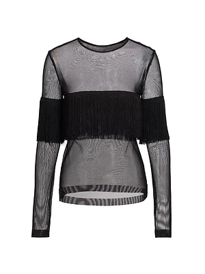 Long-Sleeve Crewneck Fringe Top