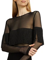 Long-Sleeve Crewneck Fringe Top