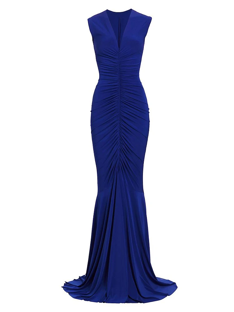 Sleeveless Shirred Fishtail Gown