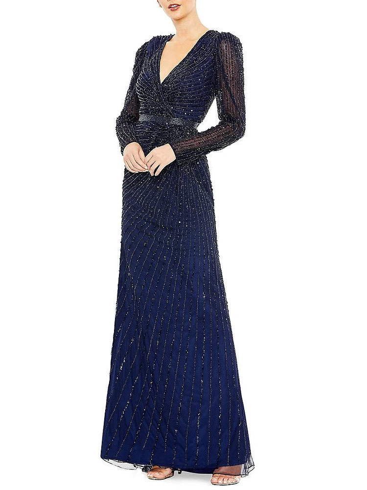 Sequin Wrap-Over Long-Sleeve Gown