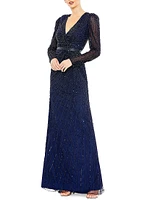 Sequin Wrap-Over Long-Sleeve Gown