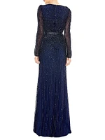 Sequin Wrap-Over Long-Sleeve Gown