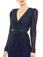 Sequin Wrap-Over Long-Sleeve Gown